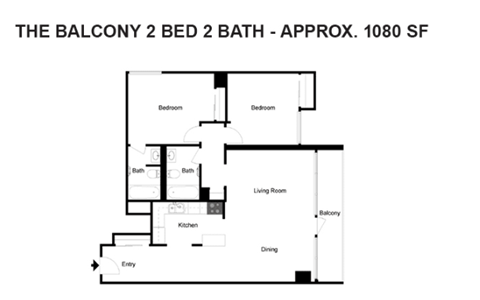 A floor plan of a two bedroom, two bathroom apartment.